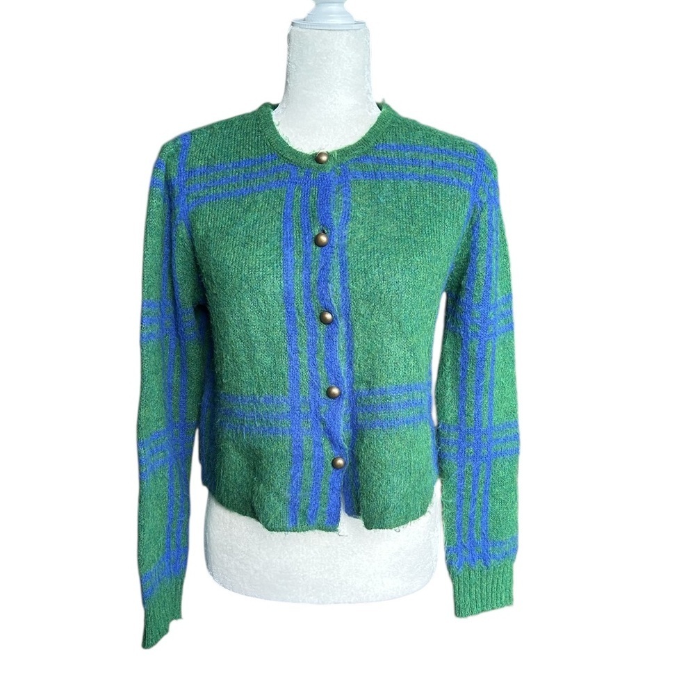 Simons Plaid Knit Button-Up Cardigan – Green & Blue. S/M - Picture 4 of 15